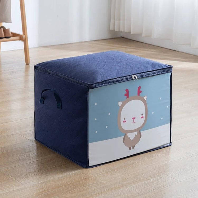Nonwoven Clothing Storage Bag Gray 50x42x39 cm For Closet with translucent front panel and cute reindeer print, foldable closet organizer