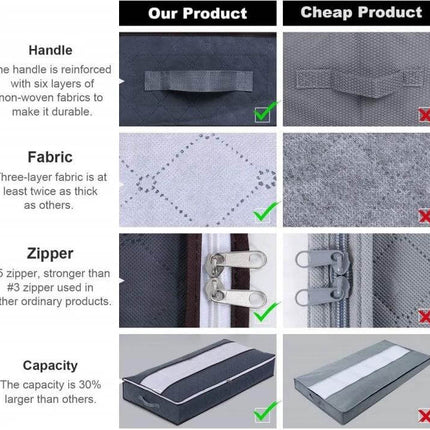 Nonwoven Foldable Underbed Storage Bag Gray 100x50x18cm showing reinforced handle, thick bamboo charcoal fabric, strong #5 zipper and larger capacity