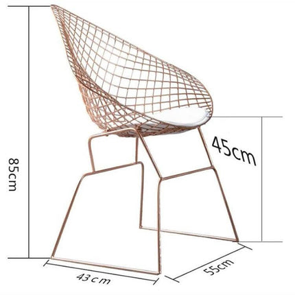 Nordic Modern Minimalist Hollow-Wire Dining Chair For Home Use with cushioned seat and airy metal lattice frame, measurements shown (85cm x 55cm x 43cm)