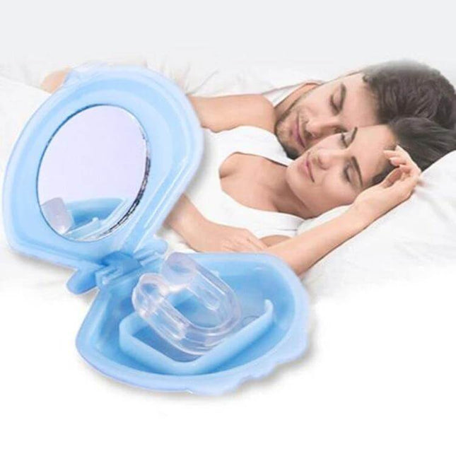 Nose Clip Snoring Reducer With Soft Silicone For Night Use in blue medical-grade silicone with travel case shown next to sleeping couple