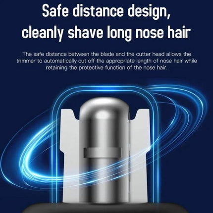 Nose Hair Trimmer With Rechargeable Battery For Daily Grooming showing stainless steel R-shaped cutter head and safe distance design for precise trimming