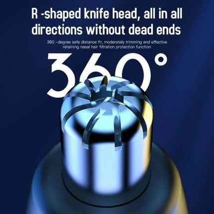 Close-up of stainless steel R-shaped cutter head on Nose Hair Trimmer With Rechargeable Battery For Daily Grooming showing 360° trimming design