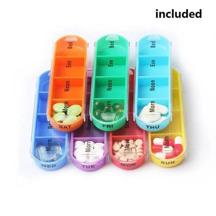 Notebook-Style 28-Compartment Portable Pill Box With Leather Bag showing seven colorful detachable 4-compartment daily pill holders