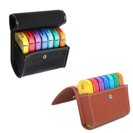 Notebook-Style 28-Compartment Portable Pill Box With Leather Bag - colorful seven detachable 4-compartment daily pill organizers in black and brown case
