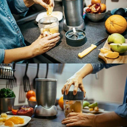 NutriBullet 1200W Cross Blade Replacement For Blenders showing stainless steel blade with fruits and blender cup being prepared for smoothies
