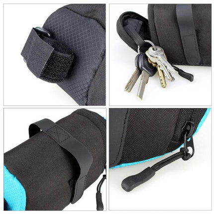Nylon Bicycle Saddle Bag For Small Essentials On Rides - compact 600D nylon saddle bag showing strap attachment, zipper pull, and keys storage