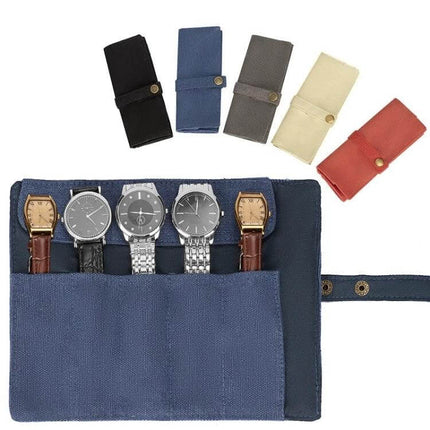 Nylon Canvas Watch And Strap Portable Storage Bag Blue with five-watch compartments travel roll pouch
