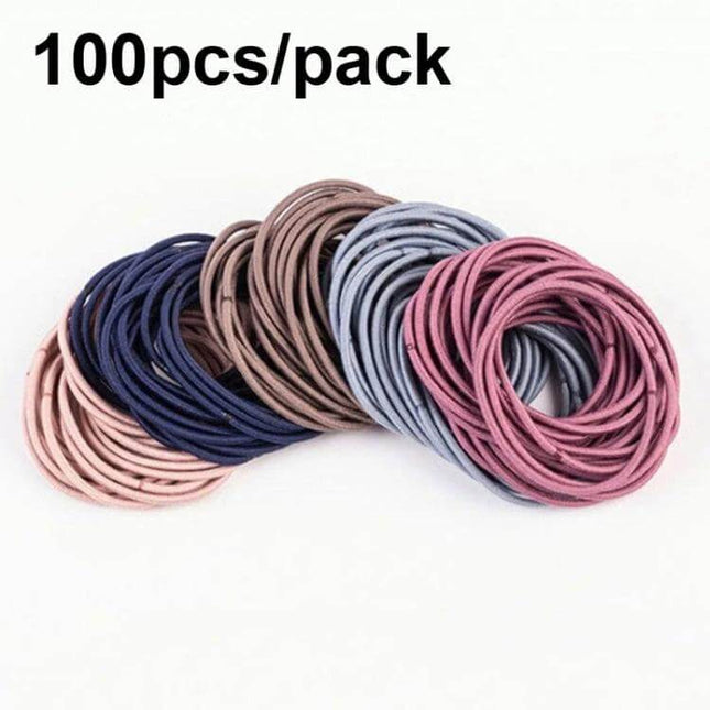 Nylon Hair Ties 100-Pack For Everyday Hair Styling — assorted nylon elastic hair bands, 100 pieces in zipper bag, 5cm diameter for ponytails and buns
