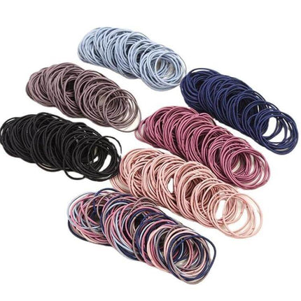 Alt Tag: Nylon Hair Ties 100-Pack For Everyday Hair Styling - assorted-color nylon elastic bands in 5cm diameter, soft gentle hold, 100 pieces in zipper bag