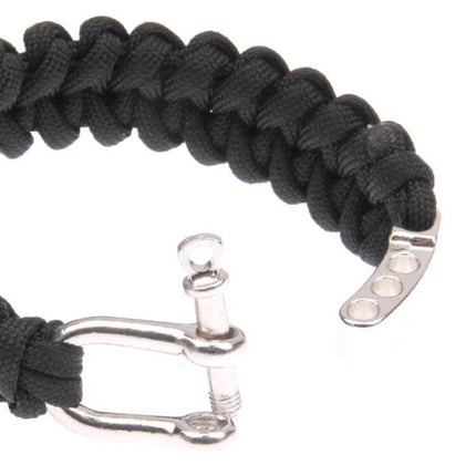 Nylon Survival Bracelets For Outdoor Use With Adjustable Steel Shackle close-up of black paracord bracelet and steel shackle, 23 cm length, 5 mm rope diameter