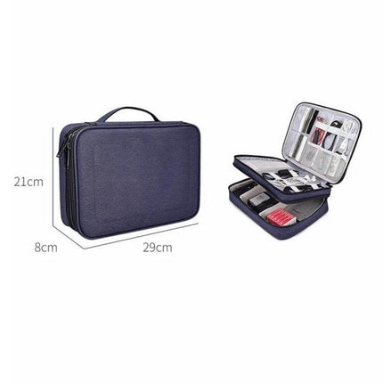 Nylon Waterproof Storage Bag For iPad, Large 29x21x8 Cm - Navy Double-Layer Organizer With Handle For Cables Chargers Headphones