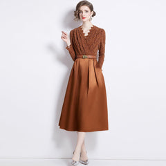 V-Neck Lace-Up High-Waisted Elegant Swing Dress Dark Brown