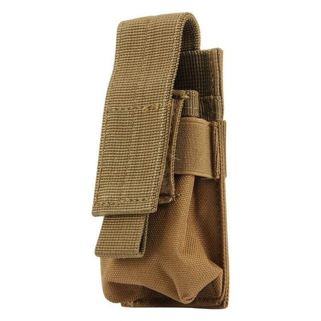 Outdoor Flashlight Protective Cover Bag Mini Portable Case in tan nylon fabric with belt loop and flap for hiking and camping