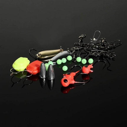 101 Piece Fishing Lure Kit With Plastic Box For Everyday Fishing showing assorted lures, hooks, sinkers and beads on black background