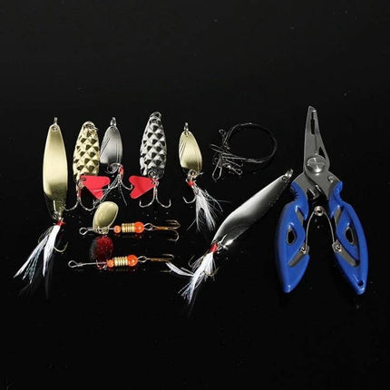 101 Piece Fishing Lure Kit With Plastic Box For Everyday Fishing showing assorted spoons, spinners, hooks and blue pliers on black background