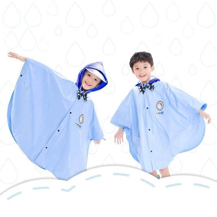 Kids' British Style Cartoon Reusable Raincoat for Older Kids - two older children wearing light blue waterproof PVC rain ponchos with hoods and cartoon accents