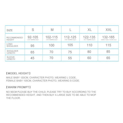 Kids' British Style Cartoon Reusable Raincoat for Older Kids size chart showing recommended heights and measurements