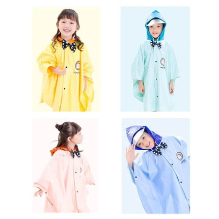 Kids' British Style Cartoon Reusable Raincoat for Older Kids - four kids modeling pastel waterproof PVC raincoats with extended brim hoods