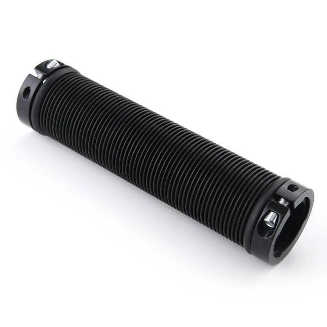 Bike Lock On Rubber Handlebar Grips Ergonomic Comfort — black ribbed anti-slip grip with alloy lock rings for secure mounting and vibration damping