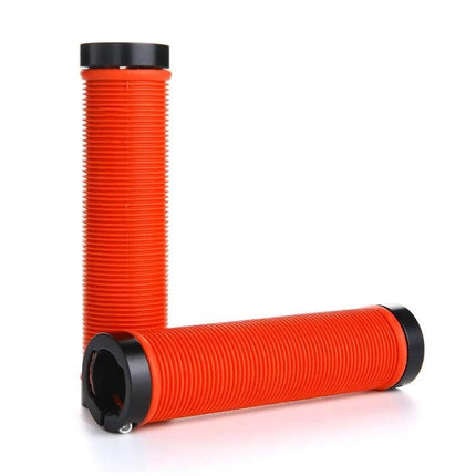 Bright orange Bike Lock On Rubber Handlebar Grips Ergonomic Comfort with ribbed anti-slip surface and alloy lock rings for secure mounting