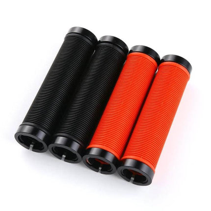 Alt Tag: Bike Lock On Rubber Handlebar Grips Ergonomic Comfort black and orange ribbed grips with alloy lock rings for secure mounting