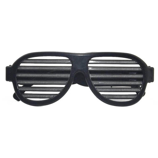 LED Musical Shades Sound Activated Party Glasses For Celebrations — black slatted LED party glasses, USB rechargeable, sound-activated light response