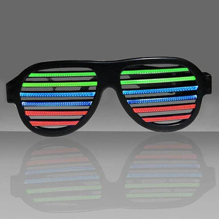 LED Musical Shades Sound Activated Party Glasses For Celebrations - black slatted LED glasses with red blue green light reflection