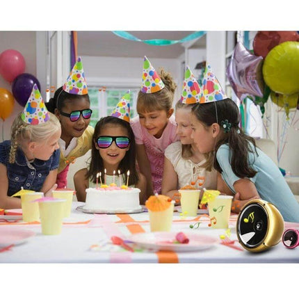 LED Musical Shades Sound Activated Party Glasses For Celebrations glowing on kids at a birthday party, sound-activated LED musical shades