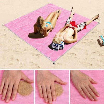Sand Free Mat 2x2m Outdoor Picnic Beach Cushion For Outdoor Fun - pink sand-free 2x2m beach mat laid flat with two people lounging and close-ups of sand repelling fabric