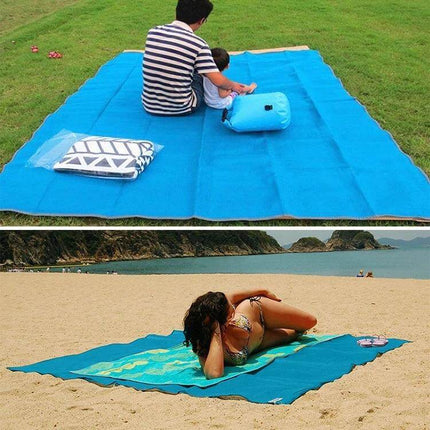 Sand Free Mat 2x2m Outdoor Picnic Beach Cushion For Outdoor Fun - large blue 2x2m sand-free picnic mat on grass and beach with family and sunbather