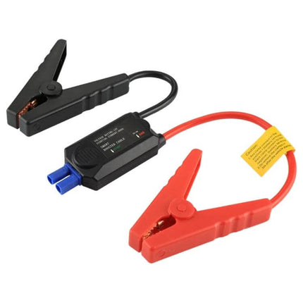 12V Smart Jump Lead For Cars With Battery Protection showing red and black clamps with inline safety module for reverse polarity and short circuit prevention