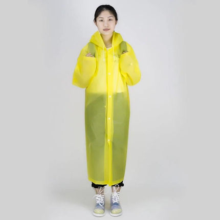 Transparent Windproof One-Piece Raincoat for Everyday Use model wearing yellow transparent EVA raincoat, lightweight windproof protection
