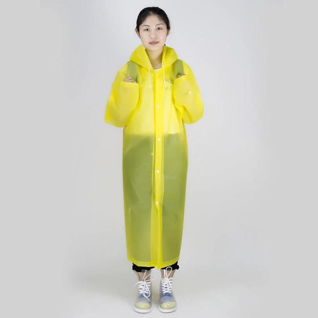Transparent Windproof One-Piece Raincoat for Everyday Use — yellow transparent EVA raincoat with hood, lightweight windproof protection for commuting