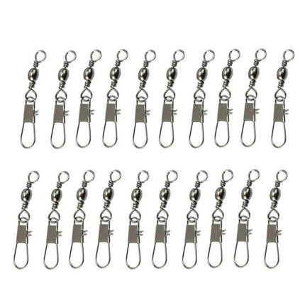 Fishing Barrel Swivel With Snap Ring, 3.5cm, 8G, 20 Pack - row of copper-alloy swivels with snap rings for quick lure and hook changes