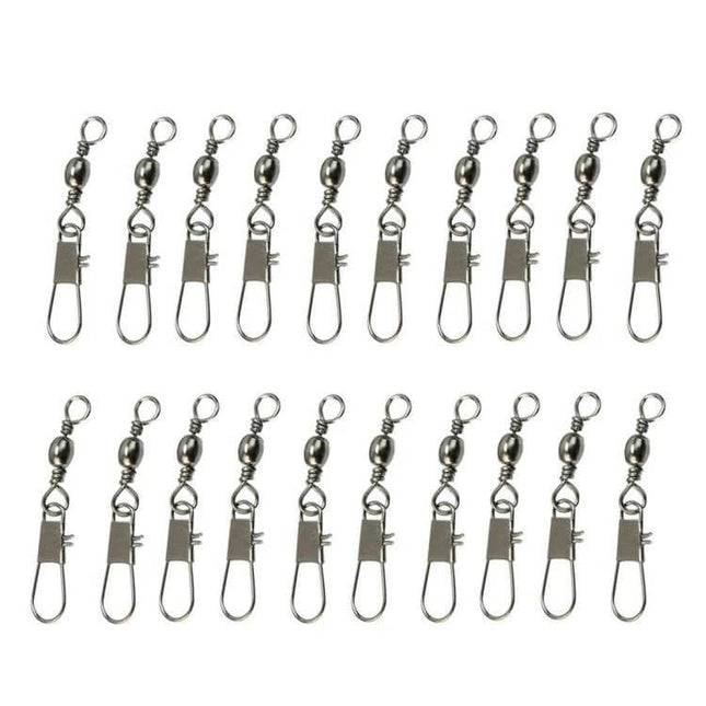 Fishing Barrel Swivel With Snap Ring, 3.5cm, 8G, 20 Pack - row of copper-alloy swivels with snap rings for quick lure and hook changes