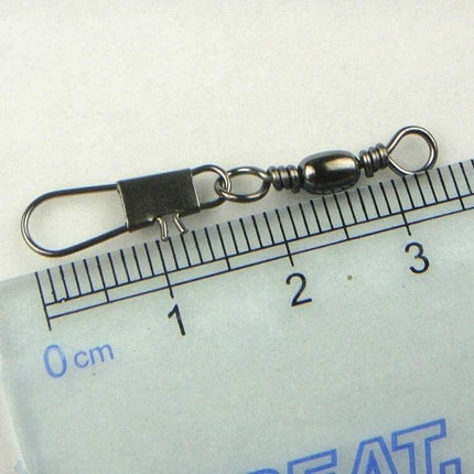 Fishing Barrel Swivel With Snap Ring, 3.5cm, 8G, 20 Pack - close-up on ruler showing 3.5cm copper alloy barrel swivel with snap ring