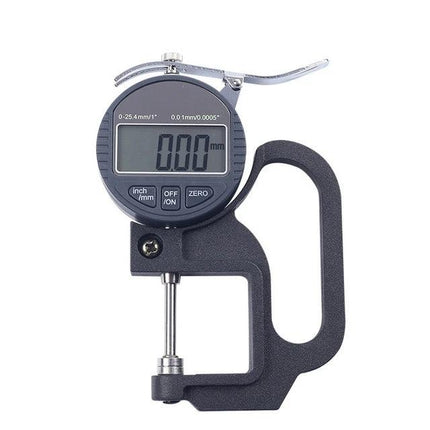 Digital Thickness Gauge for Measuring Soft Materials like Leather — digital dial gauge showing 0.00mm for leather, paper, film thickness measurements