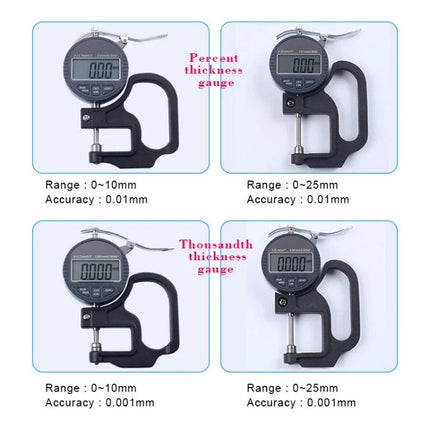 Digital Thickness Gauge for Measuring Soft Materials like Leather - digital micrometer gauge showing ranges 0-10mm and 0-25mm for leather paper film
