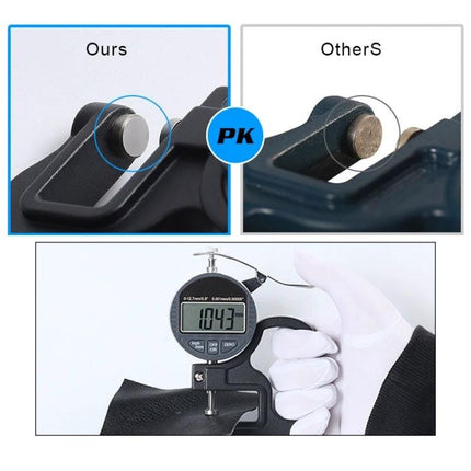 Digital Thickness Gauge for Measuring Soft Materials like Leather shown measuring leather with close-up of contact points and digital dial readout
