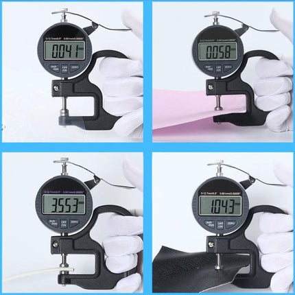 Digital Micrometer Gauge for Measuring Soft Material Thickness measuring leather paper film and sponge with digital display and gloved hand