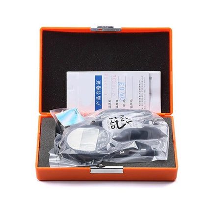 Digital Micrometer Gauge for Measuring Soft Material Thickness in orange protective case with digital display and accessories