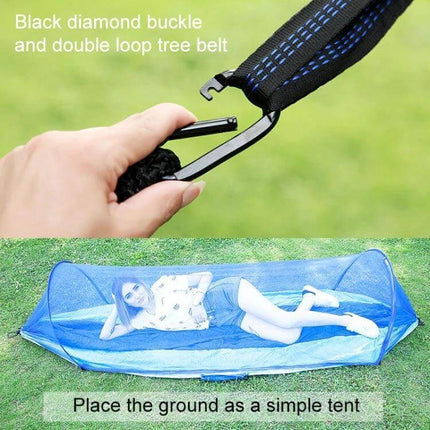 Portable Outdoor Camping Nylon Parachute Hammock 250x120cm showing black diamond buckle, double loop tree belt and mosquito-net tent setup on grass