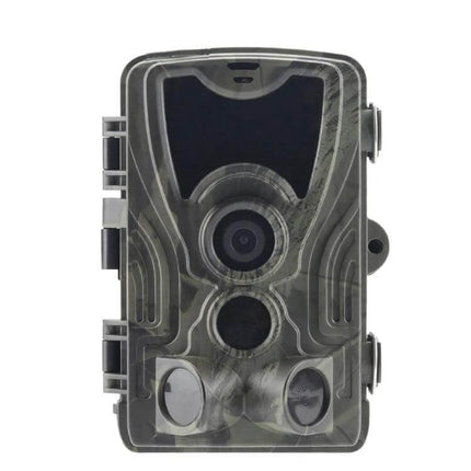 Trail Camera for Wildlife Monitoring and Nighttime Security rugged camo housing front view with lens PIR sensor and no-glow IR for day/night monitoring