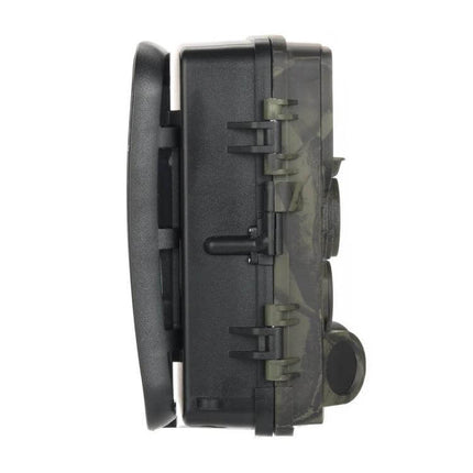 Trail Camera for Wildlife Monitoring and Nighttime Security side profile of camouflage HC801A with 120° lens and 36 no-glow LEDs