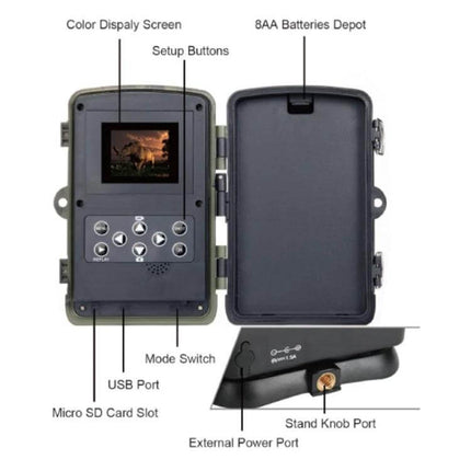 Trail Camera for Wildlife Monitoring and Nighttime Security with color display, setup buttons, USB, Micro SD slot, 8AA battery depot and external power port
