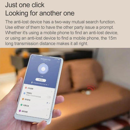 Xiaomi Youpin Bluetooth Anti-Lost Device for Tracking Items — smartphone app locating tracker on a couch, demonstrating one-click mutual search function