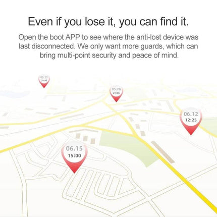 Xiaomi Youpin Bluetooth Anti-Lost Device for Tracking Items showing app map with location pins indicating last disconnected times