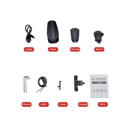 USB Rechargeable Smart COB LED Bicycle Taillight IP65 Waterproof — kit contents: cable, alarm, remote, mount, wrench, strap, screw, bracket, manual