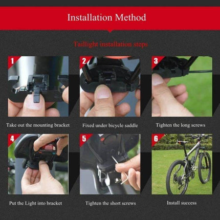 USB Rechargeable Smart COB LED Bicycle Taillight IP65 Waterproof installation steps showing mounting bracket, tightening screws, and saddle placement