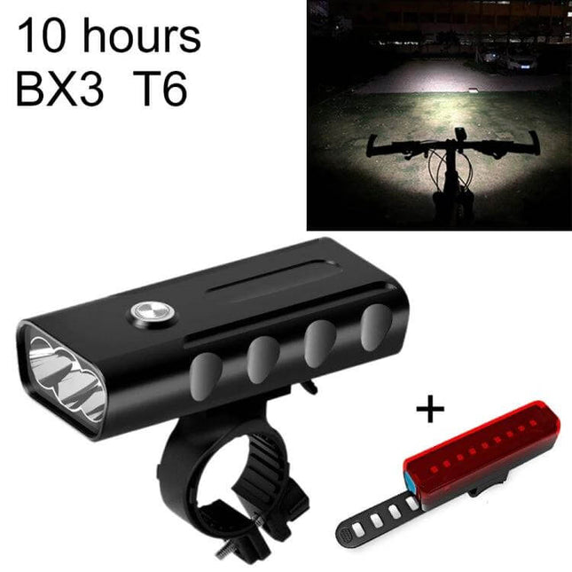 BX3 USB Charging Bicycle Front Handlebar Light for Night Riding - compact USB rechargeable bike headlight with silicone mount and rear red beam for visibility